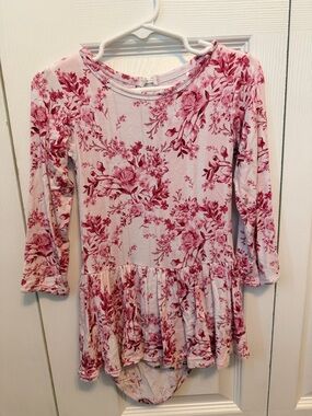 Bums & Roses 2T Floral Pink & White Ruffle Long Sleeve Bamboo Bodysuit